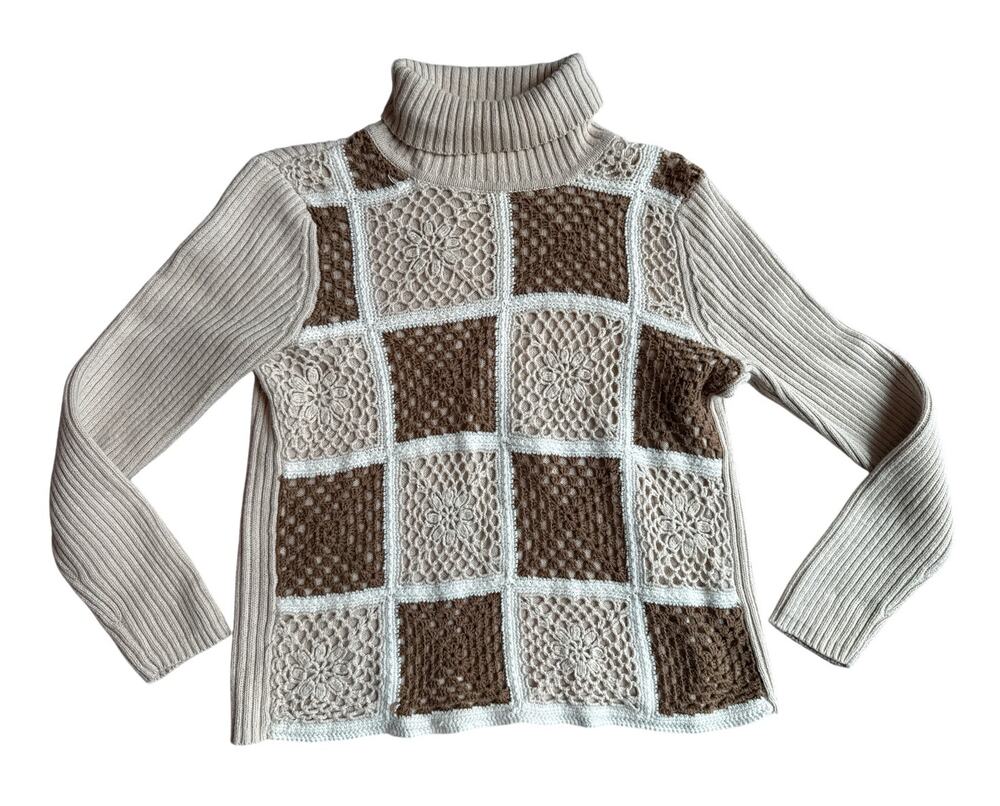 Villager Sport Petite M Crochet Patchwork Turtleneck Sweater Beige Brown Boho